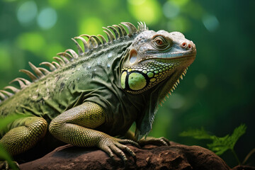 Obraz premium A big green iguana lizard in nature.
