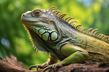 Obraz premium A big green iguana lizard in nature.