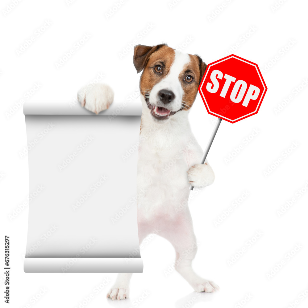 Poster jack russell terrier holds stop sign and shows empty list. isolated on white background