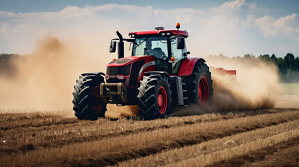 A big powerful tractor pulls the field.