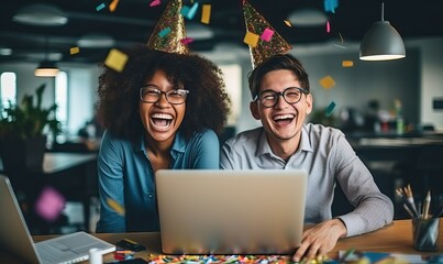 Corporate businesspeople having fun in corporate party at office, celebrating spacial event, corporate anniversary, business success. Happy diverse coworkers wearing party hats with falling confetti