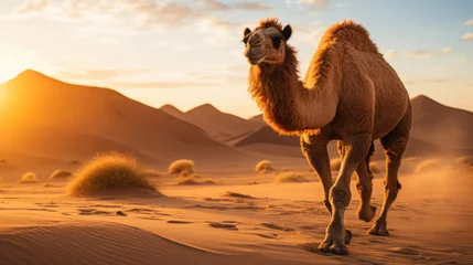Selbstklebende Fototapeten A camel going through the sand dunes, Gobi desert Mongolia. © tong2530