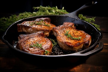 Sizzling Mastery: Juicy Pork Chops Expertly Cooked in a Cast Iron Pan, a Culinary Symphony of Flavor and Texture