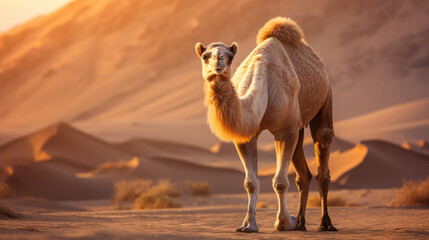 A camel going through the sand dunes, Gobi desert Mongolia.