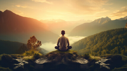 Meditation, landscape and man sitting on mountain top for mindfulness and spirituality. Peaceful, stress free and focus in nature with view, for mental health, zen and meditating practise - obrazy, fototapety, plakaty