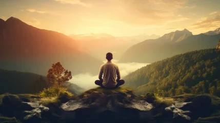 Poster Meditation, landscape and man sitting on mountain top for mindfulness and spirituality. Peaceful, stress free and focus in nature with view, for mental health, zen and meditating practise © MalamboBot/Peopleimages - AI