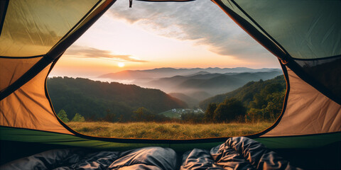 view from a tent in the mountains - obrazy, fototapety, plakaty