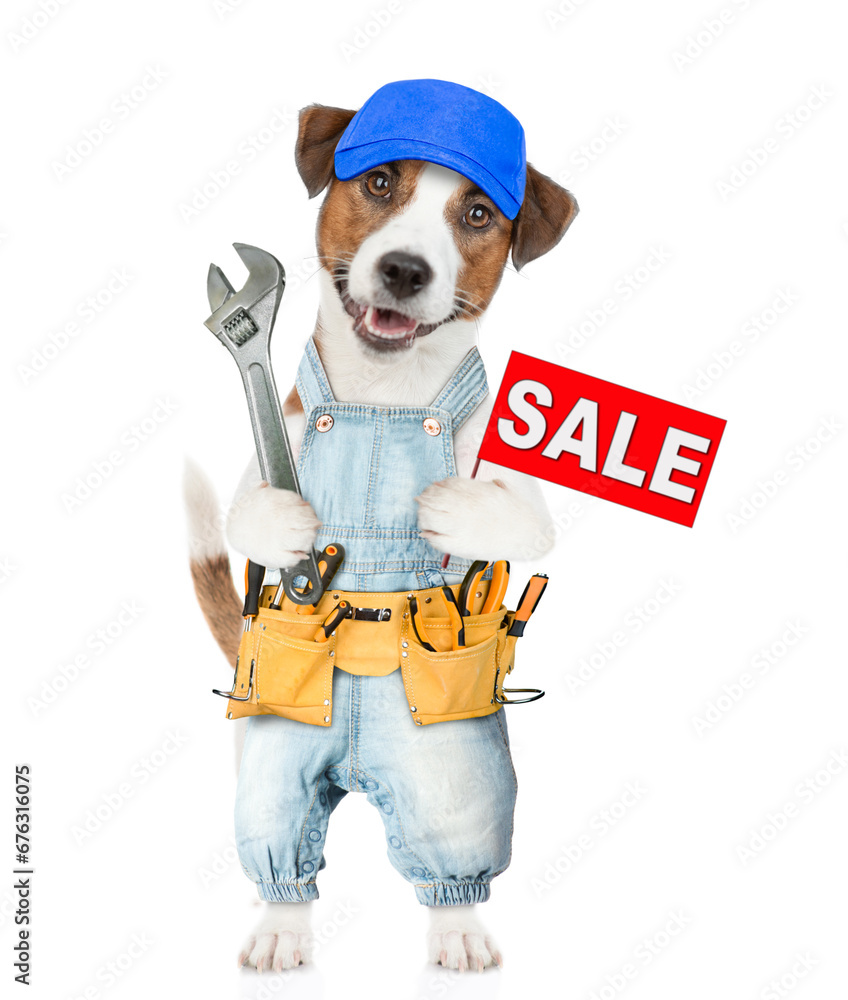 Aufkleber funny puppy wearing denim overalls with tool belt holds adjustable wrench shows signboard with label