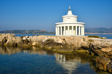 View of Saint Theodore lighthouse in Argostoli on Kefalonia, the largest of the Ionian island, Greece, Europe. Concept of tourism and travel.