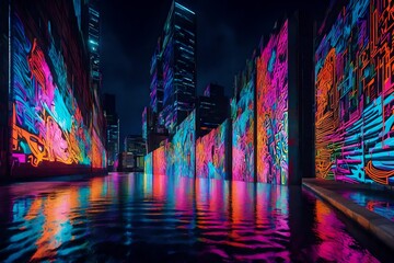 Liquid neon graffiti covering the walls of an abstract urban landscape