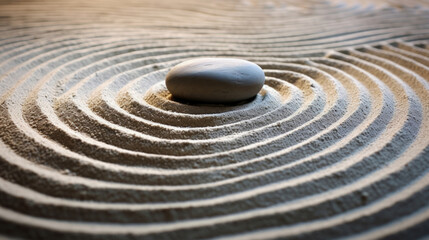 Fototapeta na wymiar Japan, Zen and garden in sand with stone for mindfulness and spirituality. Pattern, pebble and practise for peace, stress free and mental health for religion, tradition, calm, body, mind and soul