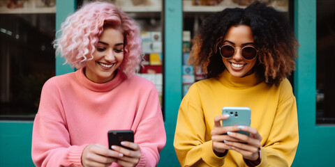 Fototapeta premium girlfriends looking at their cell phones