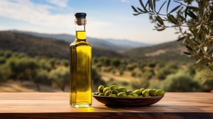 a olive oil bottle on wooden table placed against the background of olive farm 