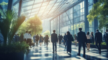 abstract Blue business people crowd walking at corporate office with nature background in the middle of the city