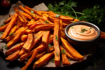 Crispy Comfort: Close-Up of Homemade Sweet Potato Fries Roasted to Perfection, Served with Irresistible Mayo and Ketchup Dipping Duo