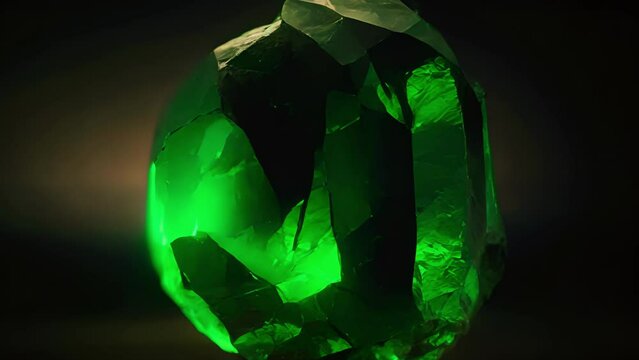 A large emerald with a dark green hue, giving off an iridescent glow in the light. The gem seems to be emitting its own source of light, as if it contains a mystical energy within.