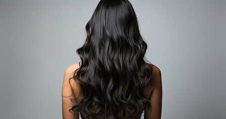 Back view black wavy beautiful long curly hair  - obrazy, fototapety, plakaty