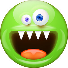 Green Smiling Face with monster mouth and eyes isolated on white background. Green monster smiley face character with white vampire teeth. Halloween day concept illustration, sticker, print and icon