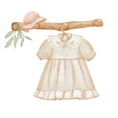 Watercolor illustration beige kids dress with cute shoes on a hanger on a beige background. Fashion kids outfit and accessories for summer.	
