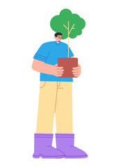 Man farmer holding tree in pot gardening flat colored illustration gardener plant care