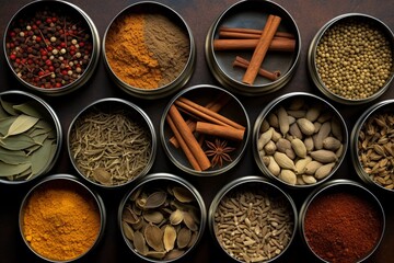 Spice Symphony: Overhead View of Diverse Indian Chai Spices Nestled in Metal Tins, Aromatic Elegance Captured