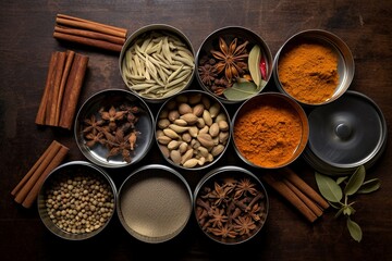 Spice Symphony: Overhead View of Diverse Indian Chai Spices Nestled in Metal Tins, Aromatic Elegance Captured - obrazy, fototapety, plakaty