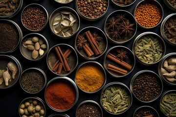 Obraz na płótnie Canvas Spice Symphony: Overhead View of Diverse Indian Chai Spices Nestled in Metal Tins, Aromatic Elegance Captured