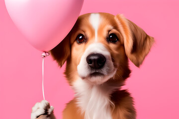 Cute puppy with pink balloon on pink background. Close up.IA generativa