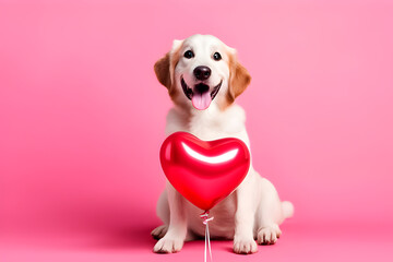 Cute dog with red heart shaped balloon on a pink background.IA generativa