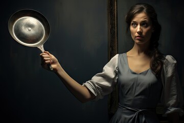 A woman in a blue dress, holding a silver frying pan, stands against a dark background.