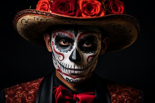 Mexican Tradition Transformed: Young Man Embracing Day of the Dead with Striking Makeup and Costume