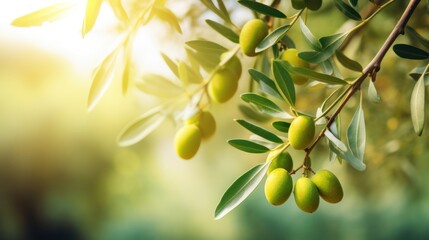 Green Olive Branch on blur Nature Background with Copy Space 