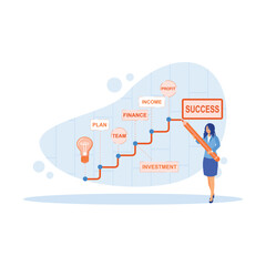 Businesswoman making strategy plan to success on the wall. Concept of development, growth and career success. Career Development Concept. Trend Modern vector flat illustration