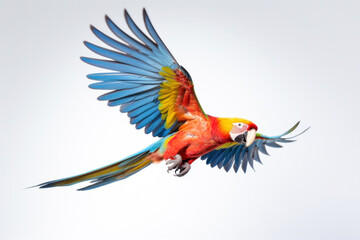 Fototapeta premium A colorful parrot flying on white background.