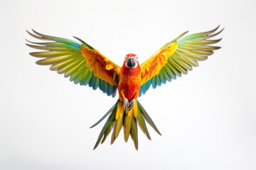 A colorful parrot flying on white background. - obrazy, fototapety, plakaty