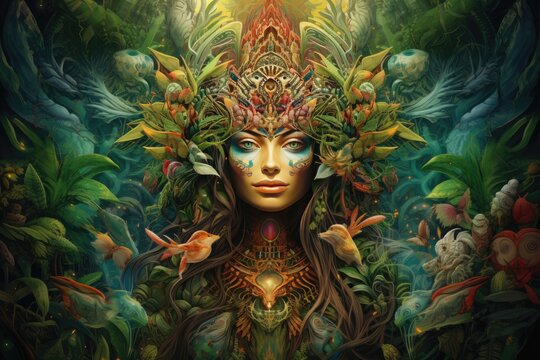 Surreal jungle scene with a bird-headed humanoid woman amidst vibrant flora and fauna.