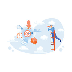 A businessman standing on stairs looking into the distance using a telescope. Business icons are floating in the air. Career Development Concept. Trend Modern vector flat illustration