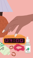 Morning wake up illustration. Woman hand turning off the alarm clock standing on bedside table with fashion accessories. Vector illustration