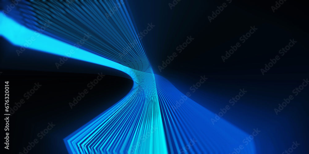 Poster wide size blue wave tech background. abstract dynamic technology network data digital banner. cyber 