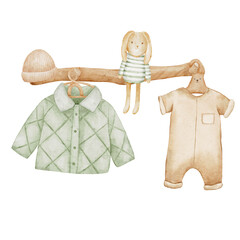 Cute Baby clothes. Clothes for newborns hang on a hanger. Boho style. Hand-drawn raster illustration. Isolated on a white background.