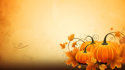 Naklejka na ściany i meble Festive autumn decor from pumpkins, corns and fall leaves. Concept of Thanksgiving day or Halloween Halloween night party invitation with jack o'lantern carved pumpkins with copy space.