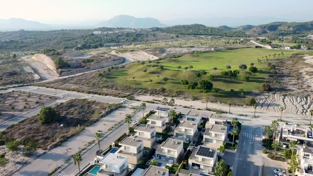 Drone aerial video of property housing development near Torrevieja, with Vistabella golf in the background. Costa Blanca, Spain