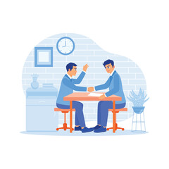 Boss shaking hands with a new candidate in the workroom. Congratulating new candidates after a successful job interview. Employee Making concept. Trend Modern vector flat illustration