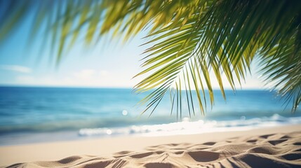 Fototapeta na wymiar Sunny Tropical Beach With Palm Leaves Copy Space