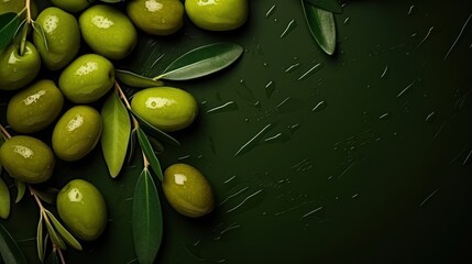 Top view Green olives with leaves on dark green background - Powered by Adobe