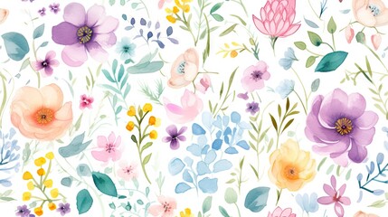 Fototapeta na wymiar Watercolor flowers seamless pattern, woodland Flowers Clipart illustration on white abstract background