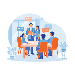 The manager and office staff have a meeting in the conference room. Discuss and make critical decisions together to achieve success. Employee Making concept. Trend Modern vector flat illustration