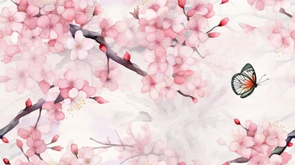 Watercolor sakura and butterfly pattern. Seamless natural texture with blossom cherry tree branches