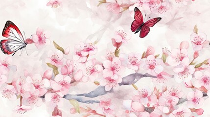 Watercolor sakura and butterfly pattern. Seamless natural texture with blossom cherry tree branches