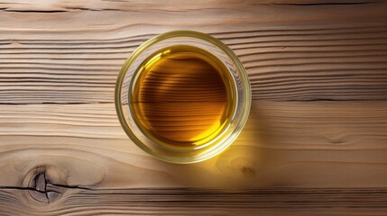 Top view of olive oil in cup on old wooden table, herbs